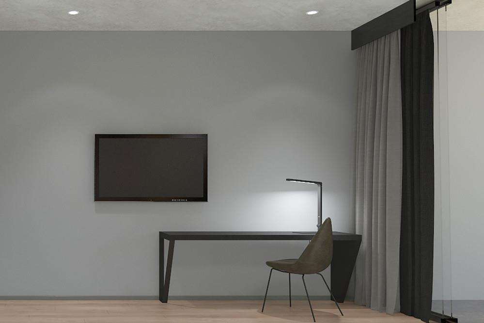 Crystalbrook Vincent Hotell Brisbane Rom bilde A room with a TV, a chair, a table, a curtain, and a lamp